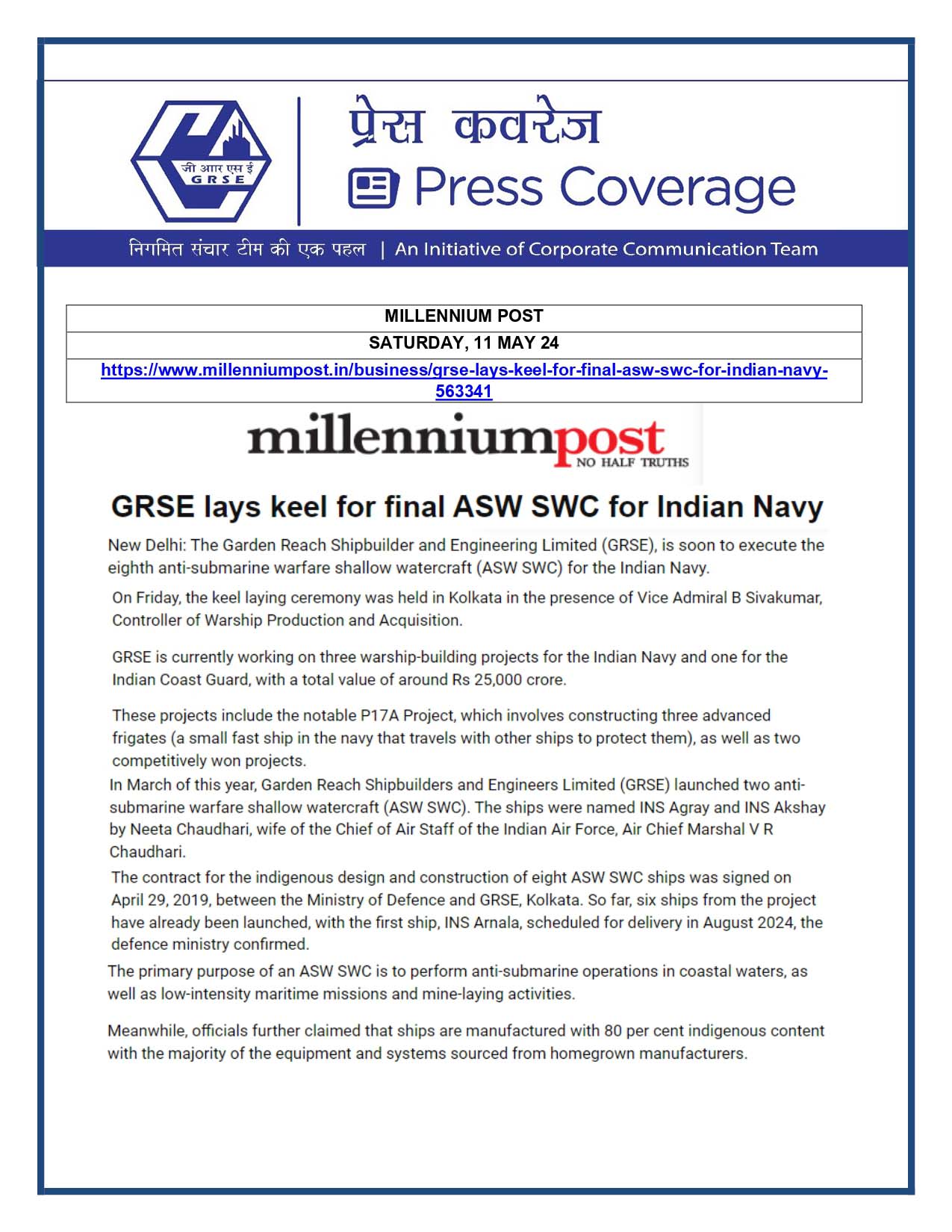 Press Coverage : Millennium Post, 11 May 24 : GRSE Lays Keel for final ASW SWC for Indian Navy